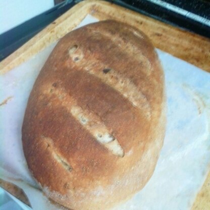 フランスパン用の粉を初めて買ったので作ってみました。発酵しているうちにすっかり太っちょになってしまいましたが、味はおいしかったです。